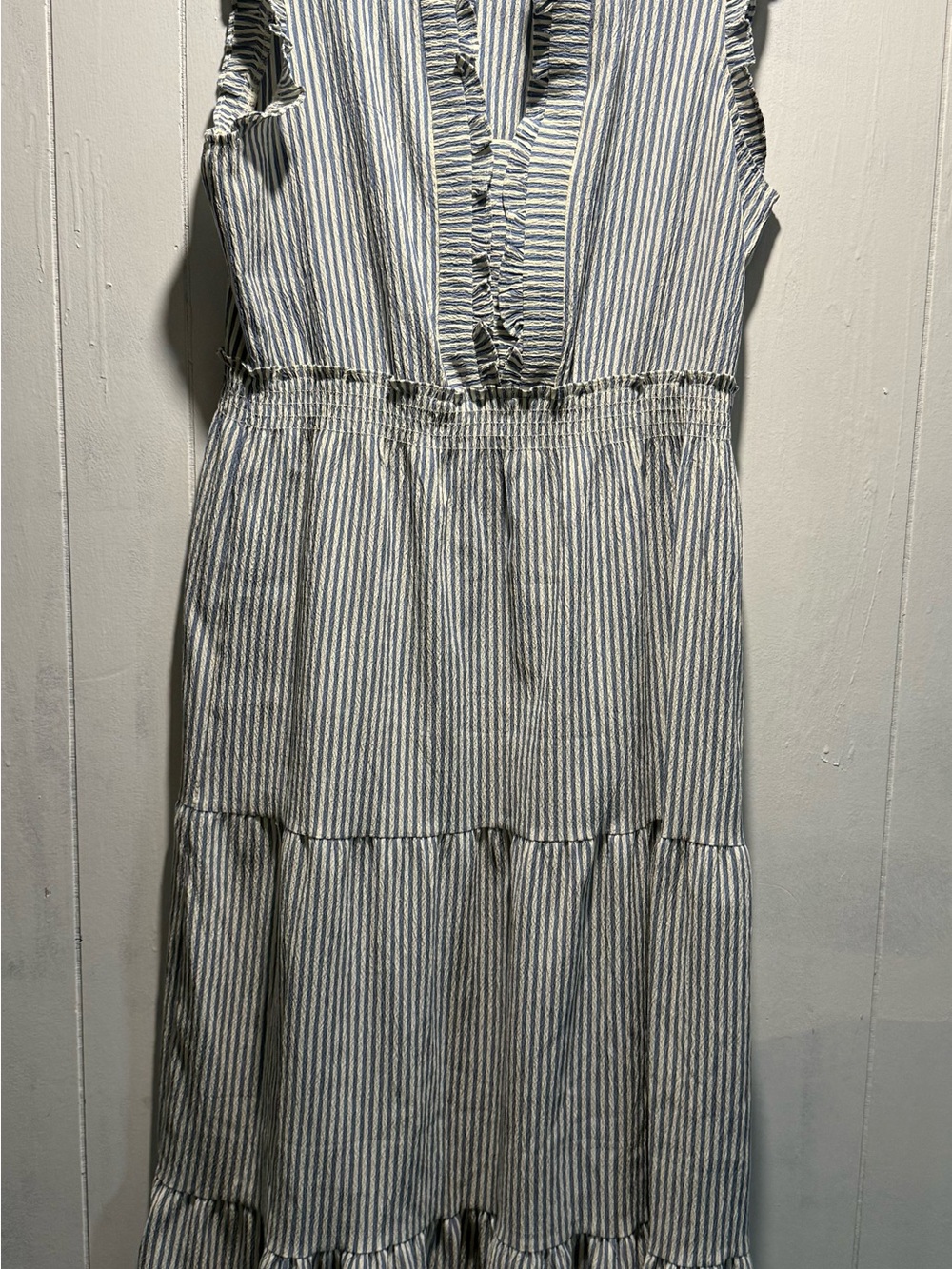 London Times Blue and White Striped Sleeveless Tiered Midi Dress